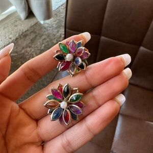 Multi-Color Floral Gemstone Earrings with Pearl Center